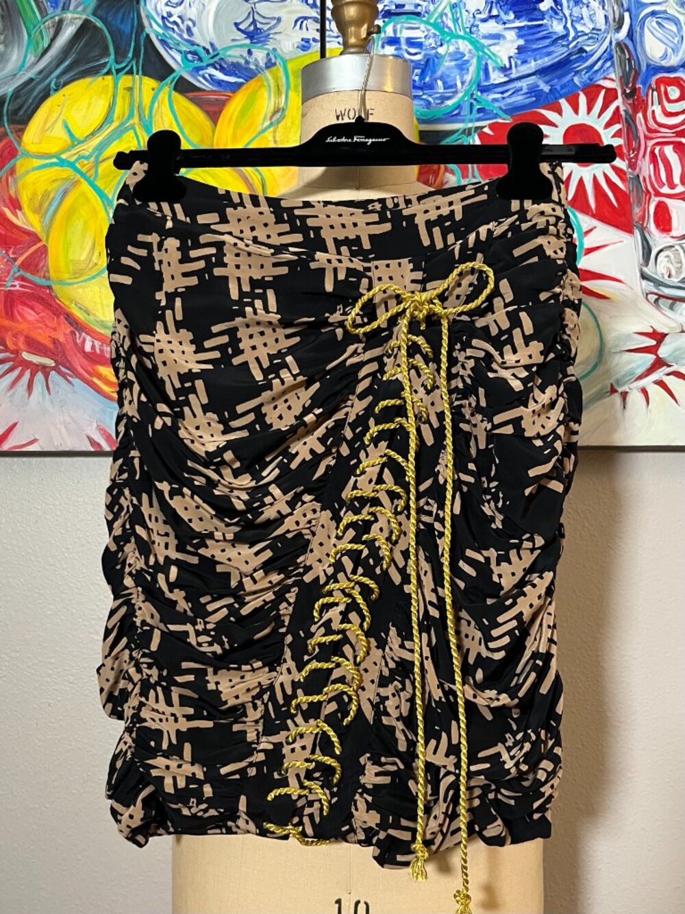 Bensoni Black Beige Roused Italian Silk Skirt